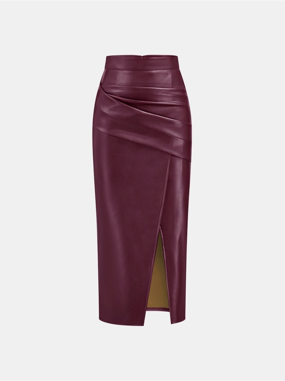 Commense Burgundy Faux Leather Pencil Skirt with Front Slit